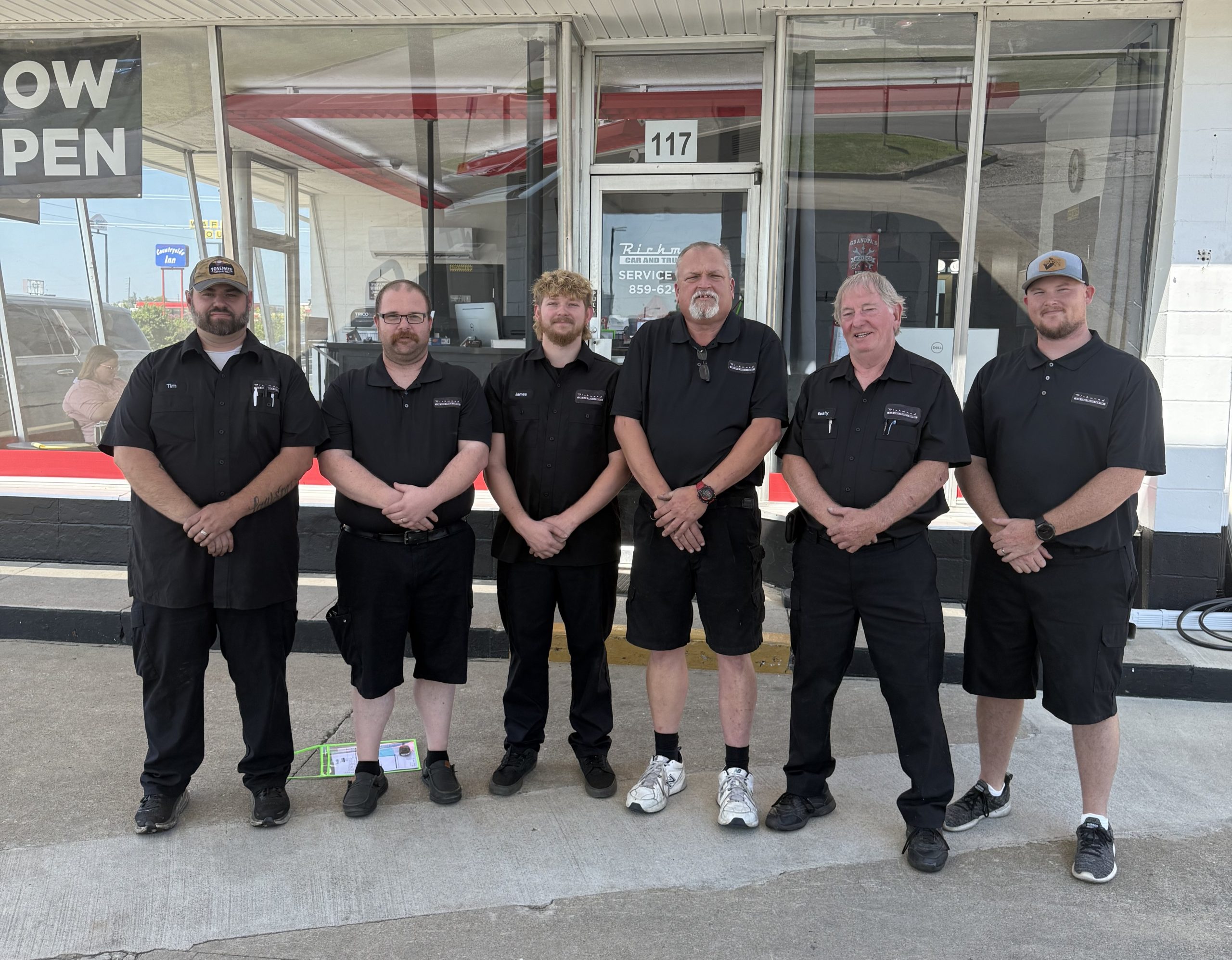 A photo of Richmond Car and Truck Service Center Team. From left: Tim, Anthony, James, Dwayne, Rusty, Josh.